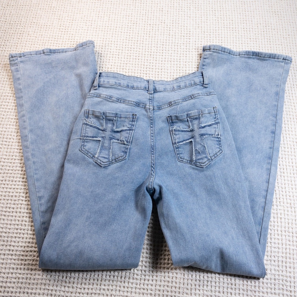 Romwe Light Wash Cross Patch Pocket Flare Leg Jeans Y2K High Waisted Small US 4